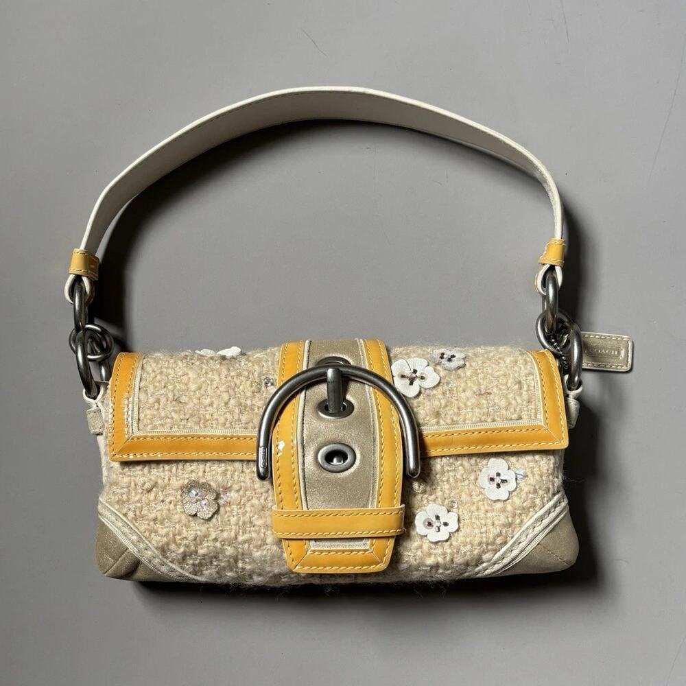 Rare Coach Tweed Butter Yellow Floral Soho Buckle Bag Rectangle Suede